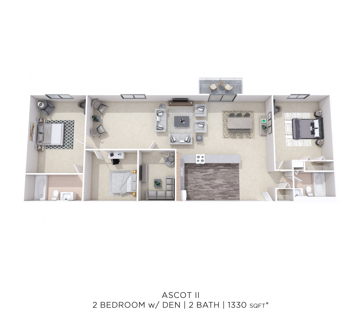 Floor plan for 2 beds, 2 baths, 1330 sqft